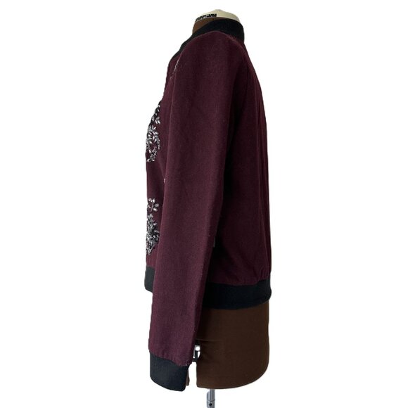 Maroon Wool Blend Sequin Trimmed Bomber Jacket - Picture 2 of 8